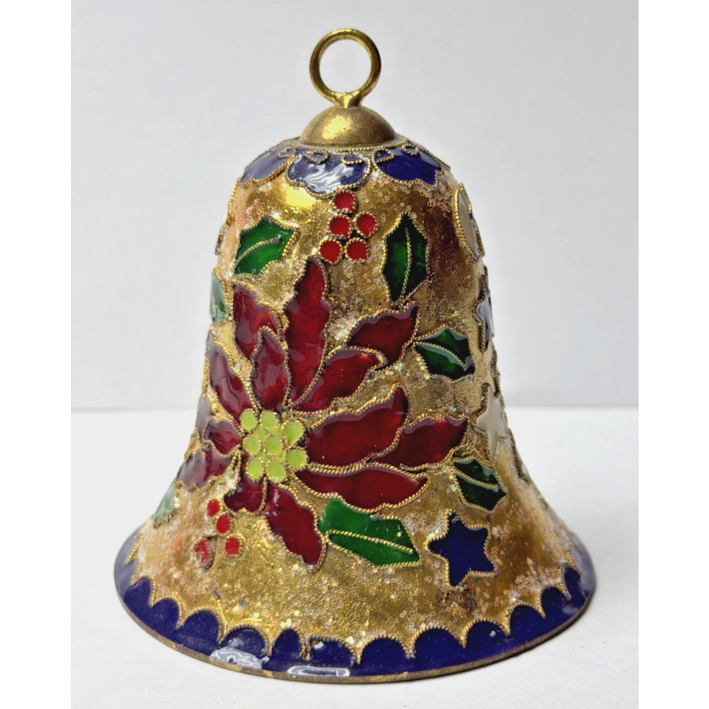 Vintage Enamel Cloisonné Bell Christmas Ornament Holly Berries Poinsettia